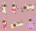 6 poses of cartoon style zebra. Hand-draw. Vector illustration