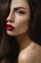 Posh brunette woman with red lips