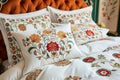 posh embroidered bedding set in a boutique hotel room Royalty Free Stock Photo