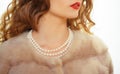 For posh girl. Pearl necklace and mink fur. Natural pearl beads and fur. Fashion accessory and jewelry. Classic retro Royalty Free Stock Photo