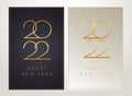 Posh New Year 2022 vertical cards design - dark and light, black and golden luxury design with 2022 logo text and snowflakes in