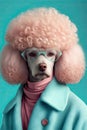 Posh poodle dog wearing clothes and glasses made with Generative AI.