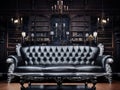 Posh retro waiting room with a black leather couch at night