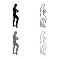 Posing bodybuilder silhouette Bodybuilding concept icon set grey black color illustration outline flat style simple image