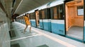 Posing in front of a open doors of an empty subway train, beautiful young girl with long beautiful legs in a yellow