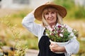 Posing with pot of flowers in hands. Senior woman is in the garden at daytime. Conception of plants and seasons