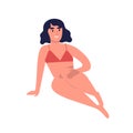 Posing slim brunette girl in swimwear with fit figure. Female character sitting in beachwear. Woman in red underwear