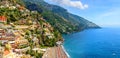 Positano, Amalfi Coast, Campania, Italy. Panoramic view on old town at sunny day Royalty Free Stock Photo