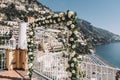 Positano Bride and Groom Place flowers Cards with Bouquet at Wedding Reception Royalty Free Stock Photo