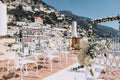 Positano Bride and Groom Place flowers Cards with Bouquet at Wedding Reception Royalty Free Stock Photo