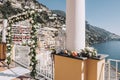 Positano Bride and Groom Place flowers Cards with Bouquet at Wedding Reception Royalty Free Stock Photo