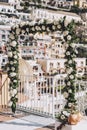 Positano Bride and Groom Place flowers Cards with Bouquet at Wedding Reception Royalty Free Stock Photo