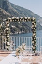 Positano Bride and Groom Place flowers Cards with Bouquet at Wedding Reception Royalty Free Stock Photo