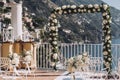 Positano Bride and Groom Place flowers Cards with Bouquet at Wedding Reception Royalty Free Stock Photo