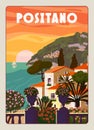 Positano Coast Italy, mediterranean romantic landscape, mountains, seaside town, sea. Retro poster travel Royalty Free Stock Photo