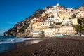 Positano - Morning view from Fornillo Beach on colorful building of coastal town Positano at Amalfi Coast, Italy. No people Royalty Free Stock Photo