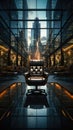 Boss chair in the middle of a luxurious black room with an elegant glass roof and floor inside a high-rise building