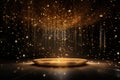 Positioned on a wooden stage, a podium stands amidst shimmering golden particles against a dark background, emanating a festive Royalty Free Stock Photo