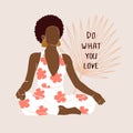 Positive african american woman doing yoga in a lotus position sits, meditates. Wellness Vector illustration