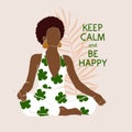 Positive african american woman doing yoga in a lotus position sits, meditates. Wellness Vector illustration