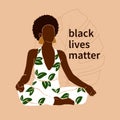 Positive african american woman doing yoga in a lotus position sits, meditates. Wellness Vector illustration