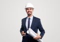 Positive architect with drafts and pen Royalty Free Stock Photo