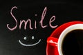 Positive attitude concept. Cup of Coffee. Inscription Smile.