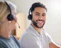 A positive attitude will lead to the best profits. two businesspeople working together in a call centre. Royalty Free Stock Photo