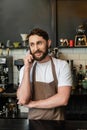 positive bearded barista in apron talking