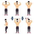 Positive bodybuilder posing icon set on white background. Body positive people.