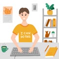 Positive boy is working before computer, typing text on keyboard. Modern business, lifestyle or educational concept. Vector Royalty Free Stock Photo