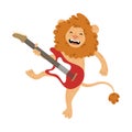 Positive brown lion standing and playing electric guitar Royalty Free Stock Photo