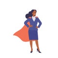Positive business lady cartoon character in red cape and formal suit feeling brave and confidence