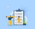 Positive business man with a giant pencil on his shoulder nearby marked checklist on a clipboard paper.  Illustration flat design Royalty Free Stock Photo