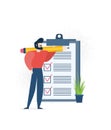 Positive business man with a giant pencil on his shoulder nearby marked checklist on a clipboard paper.  Illustration flat design Royalty Free Stock Photo