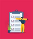 Positive business man with a giant pencil on his shoulder nearby marked checklist on a clipboard paper.  Illustration flat design Royalty Free Stock Photo