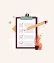 Positive business man with a giant pencil on his shoulder nearby marked checklist on a clipboard paper.  Illustration flat design Royalty Free Stock Photo