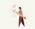 Positive business man with a giant pencil on his shoulder nearby marked checklist on a clipboard paper.  Illustration flat design Royalty Free Stock Photo