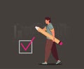 Positive business man with a giant pencil on his shoulder nearby marked checklist on a clipboard paper.  Illustration flat design Royalty Free Stock Photo