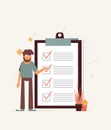 Positive business man with a giant pencil on his shoulder nearby marked checklist on a clipboard paper.  Illustration flat design Royalty Free Stock Photo