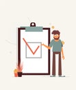 Positive business man with a giant pencil on his shoulder nearby marked checklist on a clipboard paper.  Illustration flat design Royalty Free Stock Photo