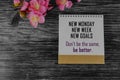 Positive business motivational message on calendar cover page - New Monday. New Week. New Goals. Don`t be the same. Be better.