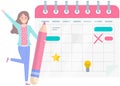 Positive business woman with giant pencils nearby marked calendar. Happy lady works with schedule