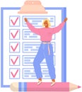 Positive businesswoman next to marked checklist on clipboard paper. Task done business concept