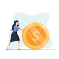 Positive businesswoman is rolling a huge golden dollar coin. Earning, saving and investing money concept.
