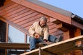 Positive carpenter with handsaw Royalty Free Stock Photo