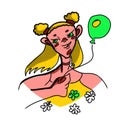 Positive cartoon girl with a balloon