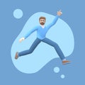 Positive character in colored clothes on an abstract stain background. Young cheerful hipster guy runs, dances, jumps, levitates