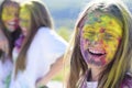 Positive and cheerful. children with creative body art. Happy youth party. Optimist. Spring vibes. colorful neon paint Royalty Free Stock Photo