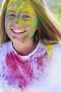 Positive and cheerful. colorful neon paint makeup. Crazy hipster girl. Summer weather. child with creative body art Royalty Free Stock Photo